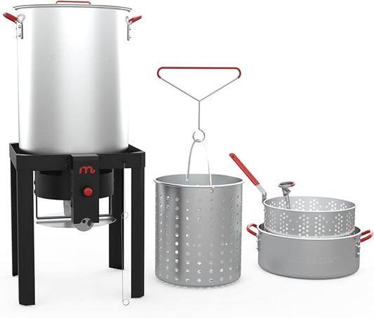 Megamaster 30QT Turkey Fryer and 10QT Fish Fryer Kit, Aluminum Fryer Steamer Kit with Basket and 50,000 BTU Burner, Outdoor Deep Fryer with 10 PSI Regulator for Turkey, Fish, Seafood - 840-45014