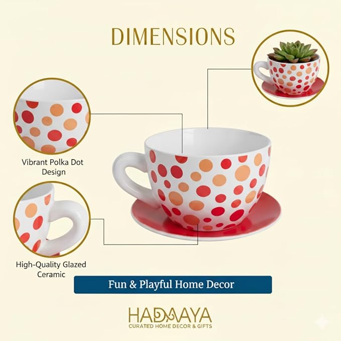 7.5" Round Ceramic Teacup Shape Planter Pot with Saucer for Succulents Orchids Herbs Cactus Indoor Houseplants Flowers for Home Garden and Event Decor – Orange Polka Dot Planter