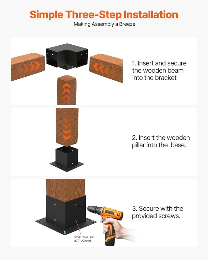 VEVOR Pergola Kit 4-Pack, T-Shaped 4x4 (Actual 3.5x3.5 Inch), 3-Way Pergola Brackets DIY Woodworking Gazebo Bracket Kit with Screws for 3.5x3.5 Inch Wood Beams in Actual Size for Outdoor Party Banquet