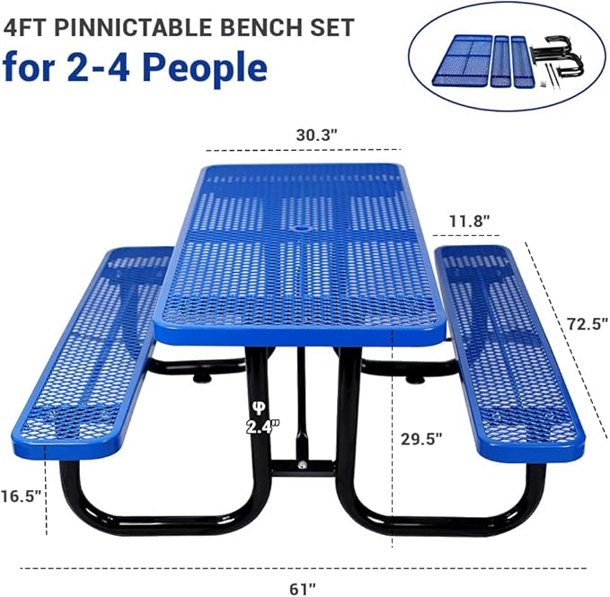 Rueekfil 72" Thermoplastic Picnic Table with Umbrella Hole up to 1.5", Heavy Duty Commercial Picnic Table for Outdoor, Family & Party Ready for School Camping, Rectangular, Blue