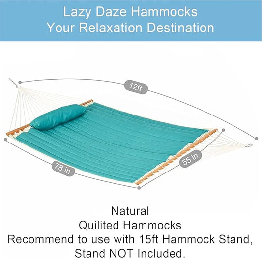 Lazy Daze Hammocks 12 FT Double Quilted Fabric Hammock with Spreader Bar and Detachable Pillow, 2 Person Hammock for Outdoor Outside Patio Garden Yard Pool Beach, 450lbs Weight Capacity (Blue)