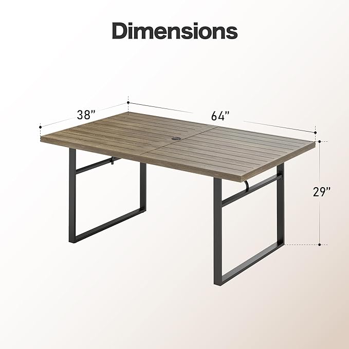 64" Patio Dining Table for 6,Teak Color Rectangle Patio Table with Umbrella Hole,E-Coating and Powder Coating Steel Frame Metal Outdoor Patio Table for Garden Backyard Lawn Yard
