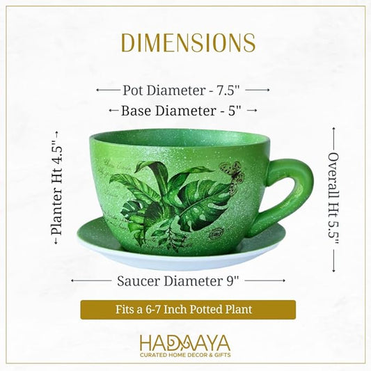 7.5" Ceramic Teacup Planter Pot with Saucer | Ideal for Succulents, Orchids, Herbs & Flowers | Indoor & Outdoor Use Green - Palm Leaves