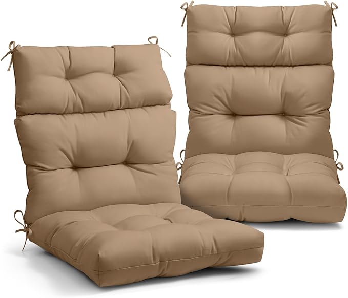 EAGLE PEAK Tufted Outdoor/Indoor High Back Patio Chair Cushions, Set of 2, 46'' x 22'', Khaki