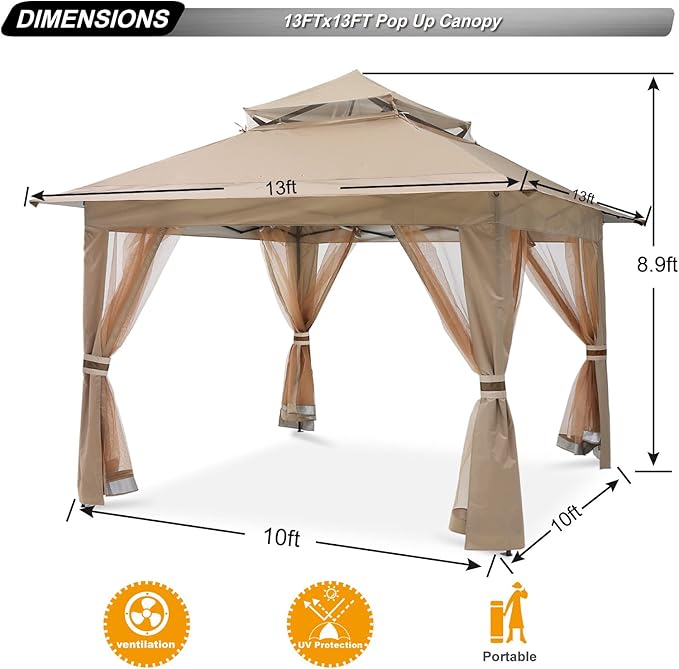 ABCCANOPY Pop Up Gazebo 13x13 - Outdoor Canopy Tent with Mosquito Netting for Patio Garden Backyard (Khaki)
