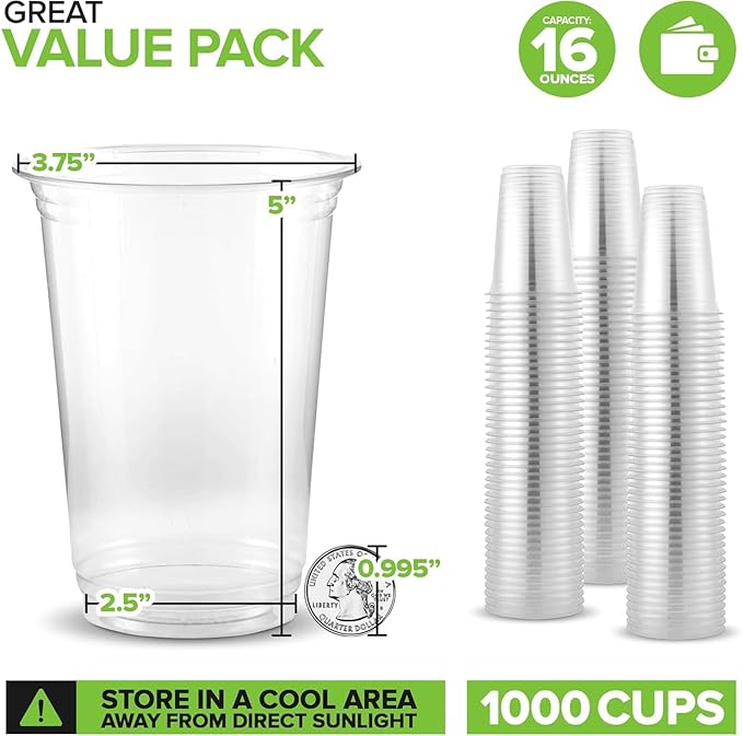 Stock Your Home Compostable Cold Cups 16 oz (1000 Pack), Plant Based Eco Friendly Disposable Cups for Water, Wine or Beer Samples