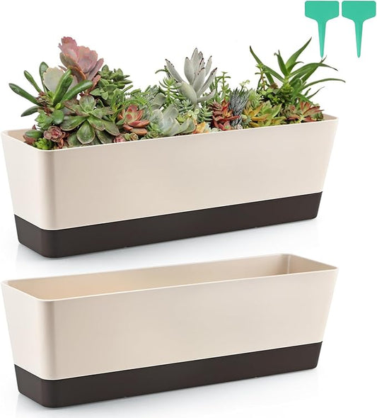 Skelang 2 Pcs Rectangular Plant Pot, 16.7" Flower Planter Box with Drainage Hole, Windowsill Container with Tray for Succulents, Herbs, Cacti