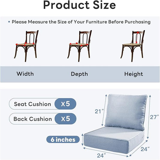 6" Thicker Outdoor Chair Cushion 5 Sets - 24" *24" *6" Waterproof Patio Furniture Cushions with Removable Cover, 28D High Density Sponge Filling Thicken Outdoor Patio Cushions - Baby Blue