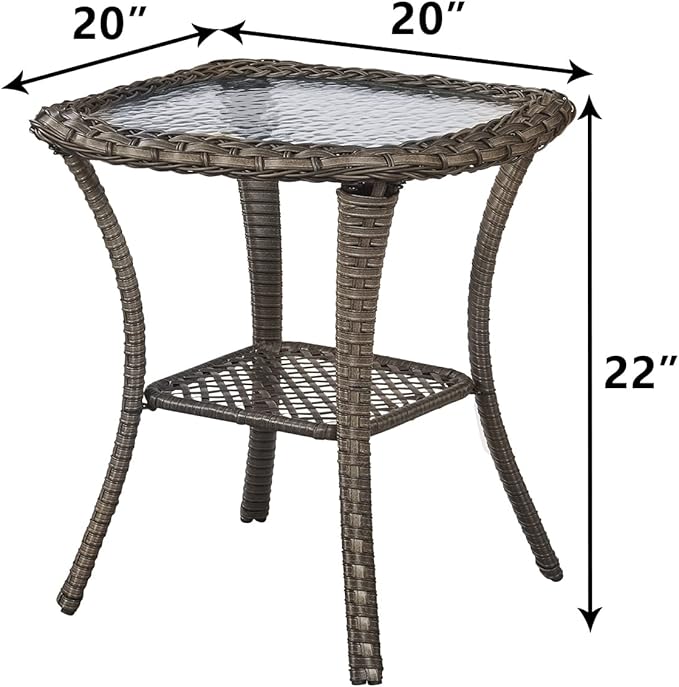 Rilyson Patio Tables Wicker Side Table - Rattan End Table with Glass Top for Outdoor Outside Patio Porch Deck Square Mixed-Grey