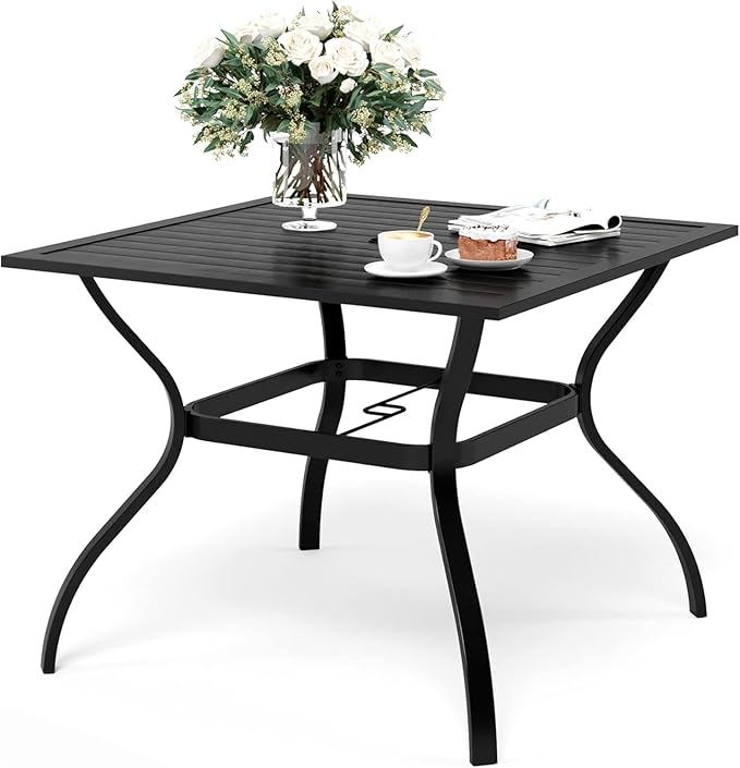 37" Patio Dining Table for 4, Square Patio Table with Umbrella Hole,E-Coating and Powder Coating Steel Frame Metal Outdoor Patio Table for Garden Backyard Lawn Yard