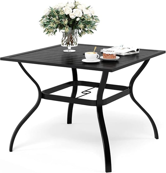 37" Patio Dining Table for 4, Square Patio Table with Umbrella Hole,E-Coating and Powder Coating Steel Frame Metal Outdoor Patio Table for Garden Backyard Lawn Yard
