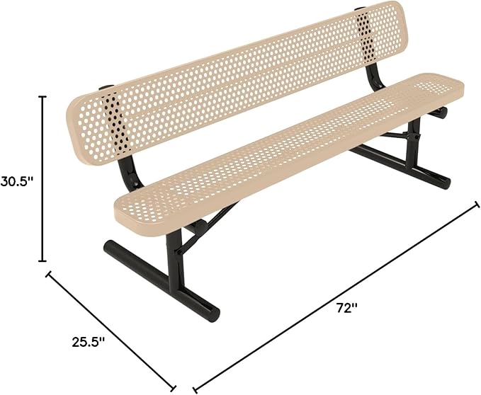 COATEDOUTDOORFURNITURE Coated Outdoor Furniture Heavy-Duty Portable Outdoor Bench Thermoplastic Coated, Punched Steel, Commercial-Grade Seating, Made in America (Portable with Back, 6 Ft, Tan)