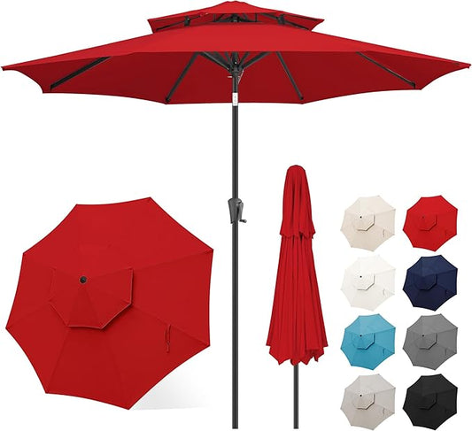 FLAME&SHADE 9ft Patio Umbrella - 2 Tiers Outdoor Umbrella with Push Button Tilt and Crank for UV Protection, Table Market Umbrella for Garden, Deck, Backyard, Pool and Beach(Red)