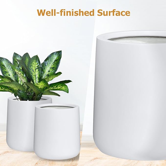 13" H x 12.6" D Conico Fiberstone Round Planter - Christmas Tree Planter, Smooth Finishes, Weather Resistant for Indoor and Outdoor Use, Included 2 Extra Coco Mats (White, 10" Pot Opening)