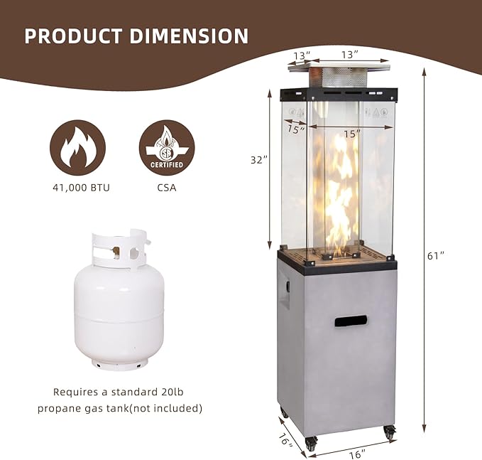 Afterglow Outdoor Patio Propane Fire Heater with Weather Cover Glass 41000 BTU Fireplace Patented & CSA Certificated, Cement Gray