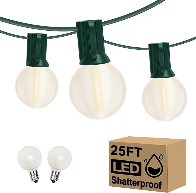 Pallerina G40 25FT LED Outdoor Christmas String Lights,Frosted Globe Lights with 27 (2 Spare) Plastic Shatterproof Round Bulbs