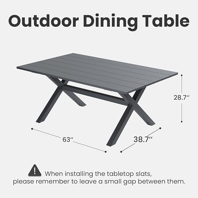 Aeeiua 63" x 38" Outdoor Dining Table, Rectangle Patio Table with Slatted Tabletop for Backyard, Garden, Deck, Poolside