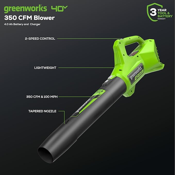 Greenworks 40V 16" Brushless Cordless (Push) Lawn Mower + Blower (350 CFM), 4.0Ah Battery and Charger Included (75+ Compatible Tools)