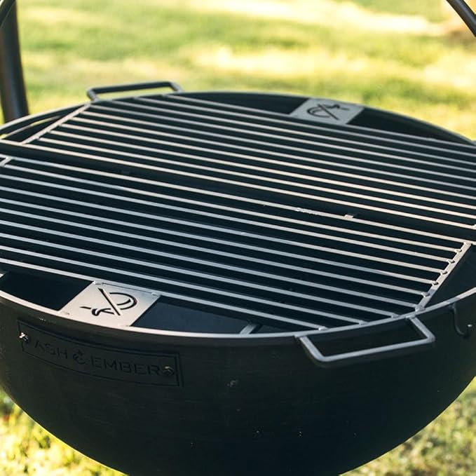 Ash & Ember 42" Cast Iron Cauldron Fire Pit Bowl with Double Hinged Grill Grate-Easy-Lift Handles & Handing Chain, Round Wood Burning Patio Fire Bowl for Backyard Patios