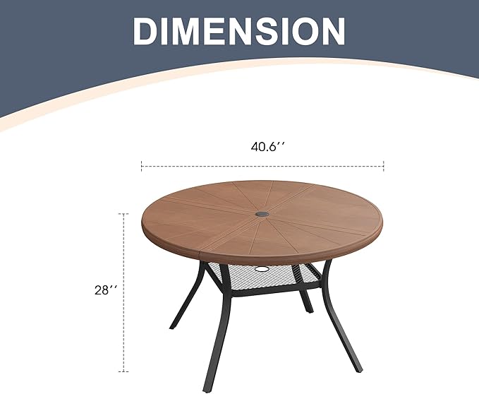 VICLLAX Round Patio Dining Table, 4 Person Aluminum Outdoor Dining Table with Umbrella Hole and Storage Shelf for Garden Lawn Deck, 40.6" Walnut