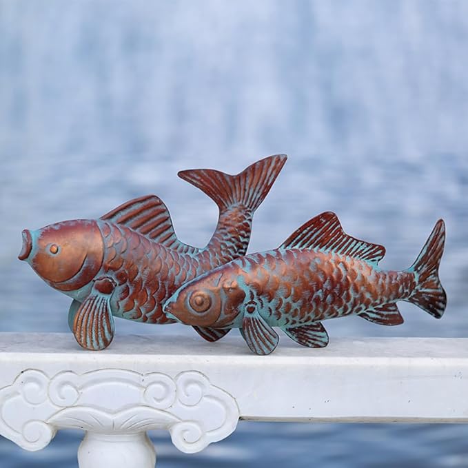 CLYB Metal Koi Fish Sculptures, Outdoor Garden Sculptures & Statues, Antique Copper Koi Pond Decor, Set of 2 Koi Fish Figurines Artwork, Garden Statue for Indoor Outdoor Patio Backyard Home Kitchen