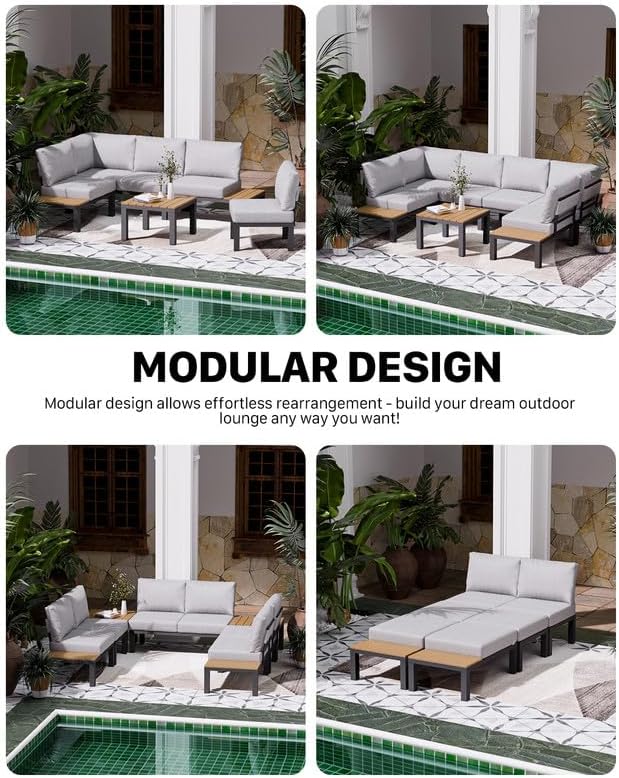 ZANDOR Aluminum Outdoor Patio Furniture Set, Movable Backrest Modular Sectional Sofa Set, Metal Conversation Set with 4-inch Thick Cushion for Garden Backyard Porch, 2 Single Sofas, Grey