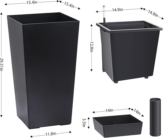 CABIHOME 30 Inch Tall Outdoor Planters Set of 2, High Front Porch Planter Pots with Drainage Holes, Water Level Monitor and Wheels, for Porch or Patio, Black