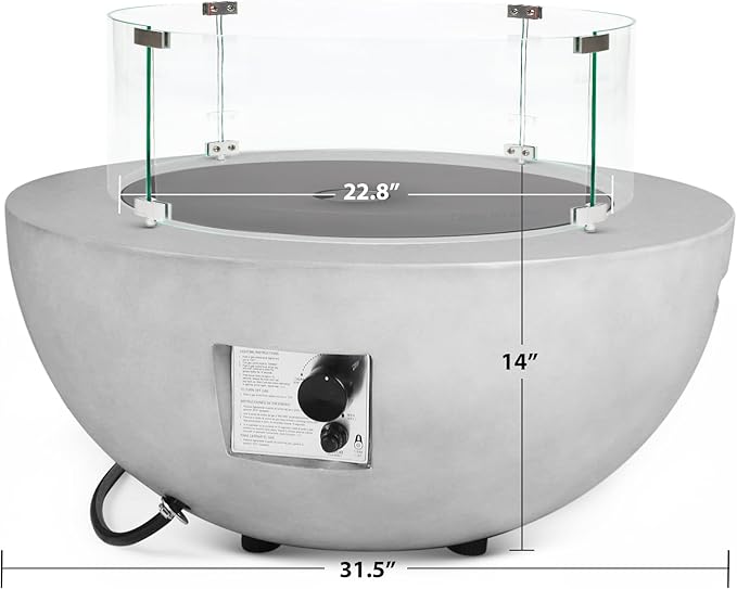 31.5 Inch Round Outdoor Propane Fire Pit Table,50000 BTU Concrete Fire Pit with Glass Wind Guard,CSA Certified,Includes Steel Lid & Weather Cover for Patio,Backyard,Deck Garden