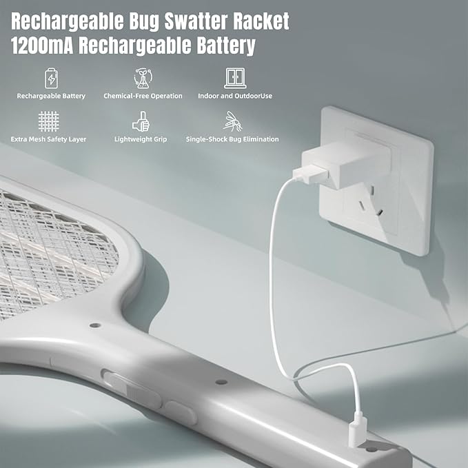 Lulant Electric Fly Swatter Rechargeable, Electric Bug Zapper Racket with Light, Mosquito Swatter, 3000V Detachable Dual Modes Fly Zapper, Mosquito Killer for Indoor Outdoor (1Pack)