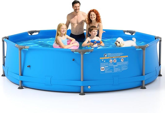 GYMAX 10ft x 30in Metal Frame Above Ground Swimming Pool, Outdoor Backyard Famliy Pool Set with Puncture-Resistant Fabric, Drainage Valve Connector for Kids & Adults (10' x 30", Round, Blue)