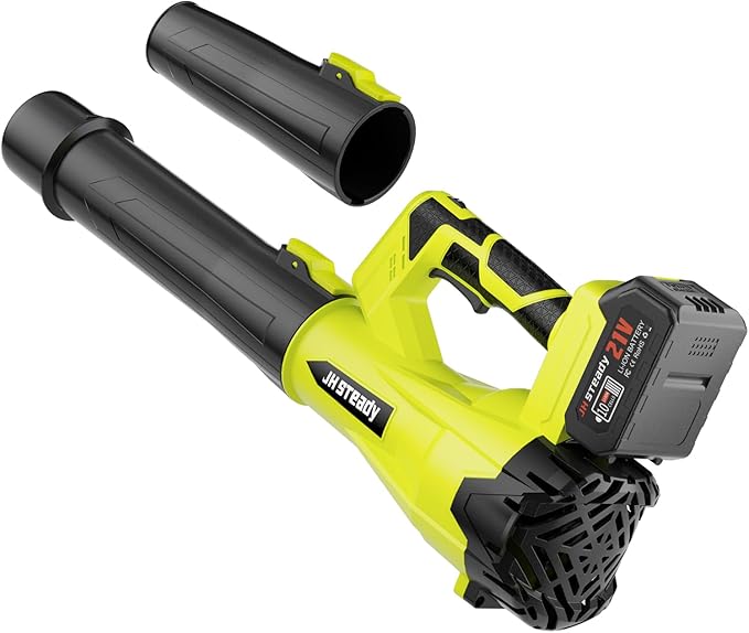 JH Steady 21V Cordless Leaf Blower - 3500W 350m/s, Stepless Variable Speed, Extended Nozzle, Rechargeable with Safety Gear (Green:1*Battery + Charger)