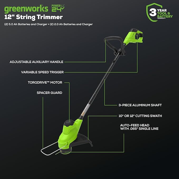 Greenworks 48V (24V x 2) 17" Brushless Mower+12" String Trimmer+320CFM Blower+310 in./lbs Drill Driver, (2) 4.0Ah Batteries and (2) 2.0Ah Batteries, 2A Dual Port Charger