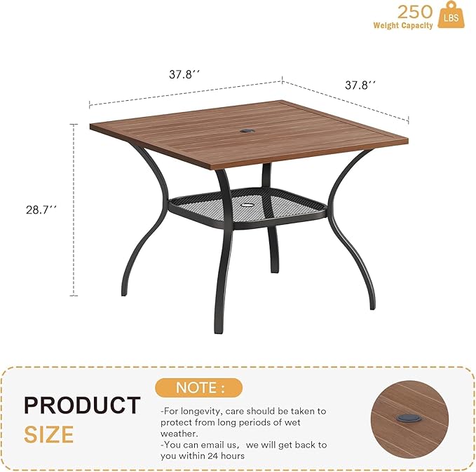 VICLLAX 37.8" Square Outdoor Patio Table, All Weather Metal Outdoor Dining Table for Lawn Garden, Walnut Wood-Like Tabletop