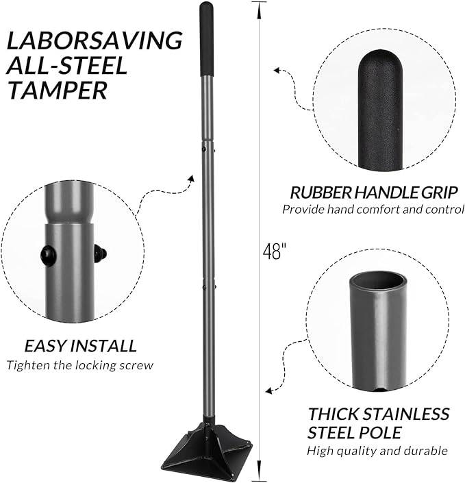 Walensee Steel Tamper 48 inch Steel Handle 10"x10" Garden Tamper with Rubber Grip for Laborsaving All-Steel Tamper Heavy Duty Ideal Tool for Leveling Ground Installing pavers and Repairing Blacktop