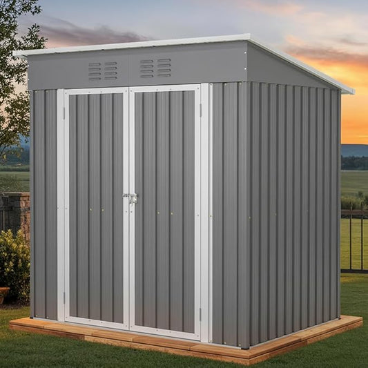 6x4 FT Outdoor Storage Shed, Metal Garden Shed with Frame Floor, Outside Tool Shed with Lockable Hinged Doors, Waterproof Storage Building with Sloped Roof for Backyard, Patio, Lawn, Gray
