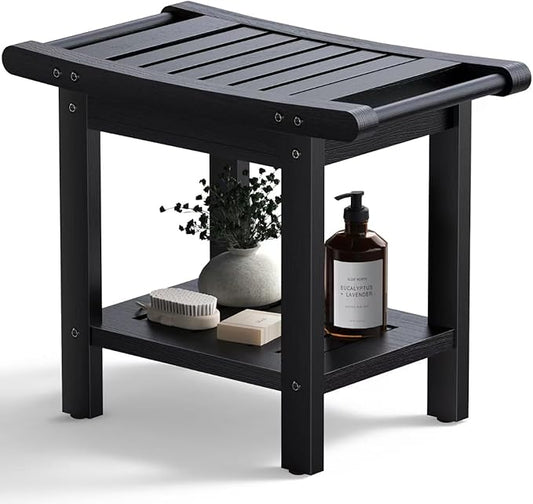 HDPE Shower Bench Seat, Larger Size 22", Black Shower Benches for Inside Shower, Waterproof Shower Stool with Handles & Storage Shelf, Shower Chair for Bathroom, Bath Stool for Shower to Sit