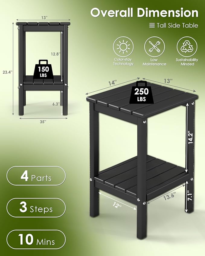 GREENVINES Tall-Outdoor-Side-Table Set of 2 | 23.5" | HDPE Plastic | Patio Adirondack End Tables | All Weather | 2-Tier | Black | for Porch Garden Indoor & Rocking Chairs
