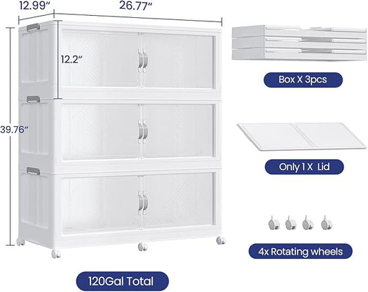 360QT Plastic Stackable Storage Bins with Lid, 90GAL Extra Large Collapsible Box with Wheels Clear Door, Foldable Closet Organizer Container Cabinet Drawer for Home Kitchen，3Pack, White