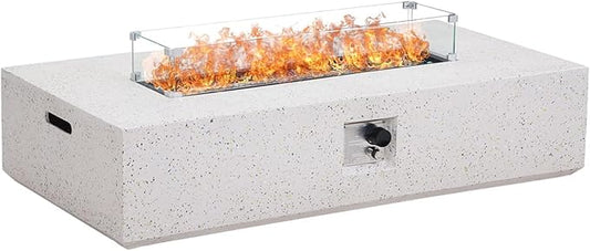 56" Propane Fire Pit Table, Rectangle Outdoor Fire Table w Glass Wind Guard(50,000 BTU), 2 Piece Patio Firepit Table Gas Fire Table w Fire Glass, Rain Cover for Outside, Backyard