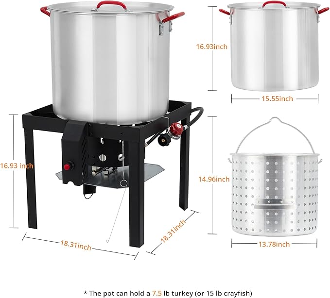 60 Qt Seafood Boil Pot, ACONEE Aluminum Crawfish Boiling Kit with Steam/Boil Basket & Strainer, 110000 BTU Propane Jet Burner & Lifting Hook, 10 PSI Regulator, Outdoor Cooking Shrimp Crab Boiler