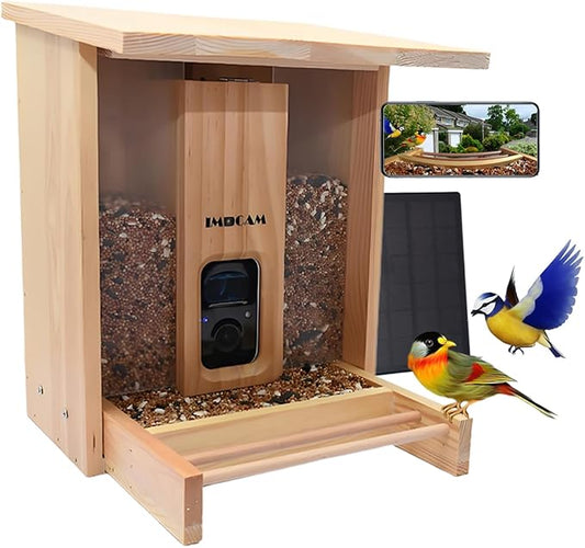 IMOCAM Smart Wooden Bird Feeder with Camera-Solar Power,Bird AI Identifier,1080p HD,5200mAh Battery,3.5L Extra Large,Twin Seed Bins