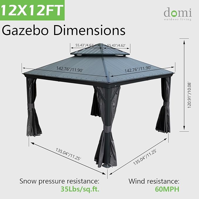 Domi 12’x12’ Hardtop Gazebo with Resin Roof, Outdoor Metal Gazebo with Drainage Gutters, Permanent Heavy Duty Pavilion for Patio, Backyard and Deck, Curtains and Mosquito Netting Included