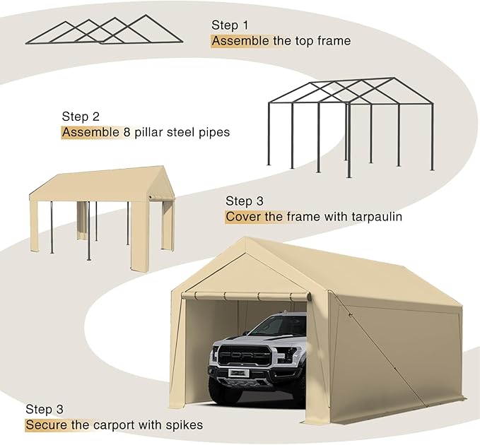 Carport Canopy 10x20 Heavy Duty, Portable Carport Garage with Removable Sidewalls and Door, Car Port with Waterproof Canopy for All Season (Beige)