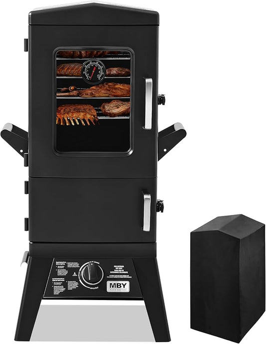 Propane Smoker with Cover, Vertical Gas Smokers Grill with Temperature Control Outdoor Heavy Duty Three Removable Smoking Shelves, New-Model Black