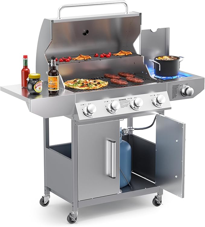 SKOK 4-Burner Propane Gas BBQ Grill with Side Burner & Porcelain-Enameled Grilling Grates,Stainless Steel Grill with 544 Sq. In. Grilling Area for Outdoor Cooking,58,000 BTU Output