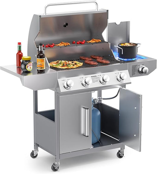 SKOK 4-Burner Propane Gas BBQ Grill with Side Burner & Porcelain-Enameled Grilling Grates,Stainless Steel Grill with 544 Sq. In. Grilling Area for Outdoor Cooking,58,000 BTU Output