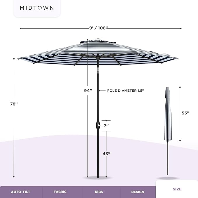 Midtown Umbrellas The Lean 9 Feet Outdoor Umbrella With Terylast Navy Stripes (Navy/White Stripes) Polyester Fabric - Auto-Tilt Aluminum Frame Patio Umbrella For Deck, Garden, Pool - Black Pole