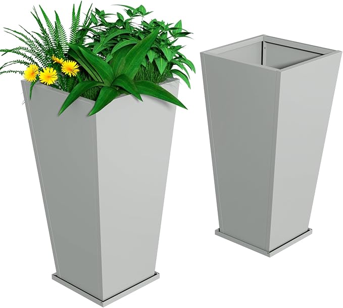 Tall Metal Planter Box, 15" L x 15" W x 30" H 2-Pack Outdoor Planters with Removable Tray, Heavy Duty Steel Front Porch Planters for Patio, Balcony, Indoor(Gray)