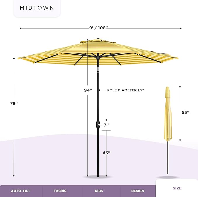 MIDTOWN UMBRELLAS The Lean 9 Feet Outdoor Umbrella With Terylast Sunny Stripes (White/Yellow Stripes) Polyester Fabric - Auto-Tilt Aluminum Frame Patio Umbrella For Deck, Garden, Pool - Black Pole