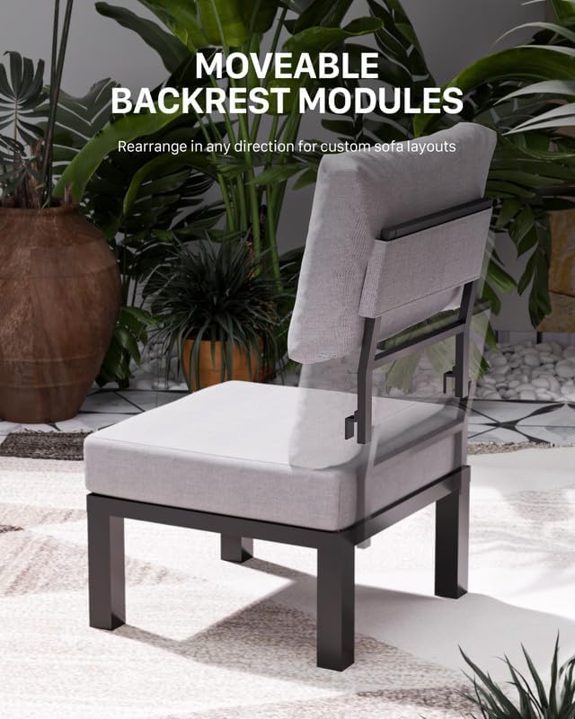 ZANDOR Aluminum Outdoor Patio Furniture Set, 4 Pieces Movable Backrest Modular Sectional Sofa Set, Metal Conversation Set with 4-inch Thick Cushion for Garden Backyard Porch, Grey